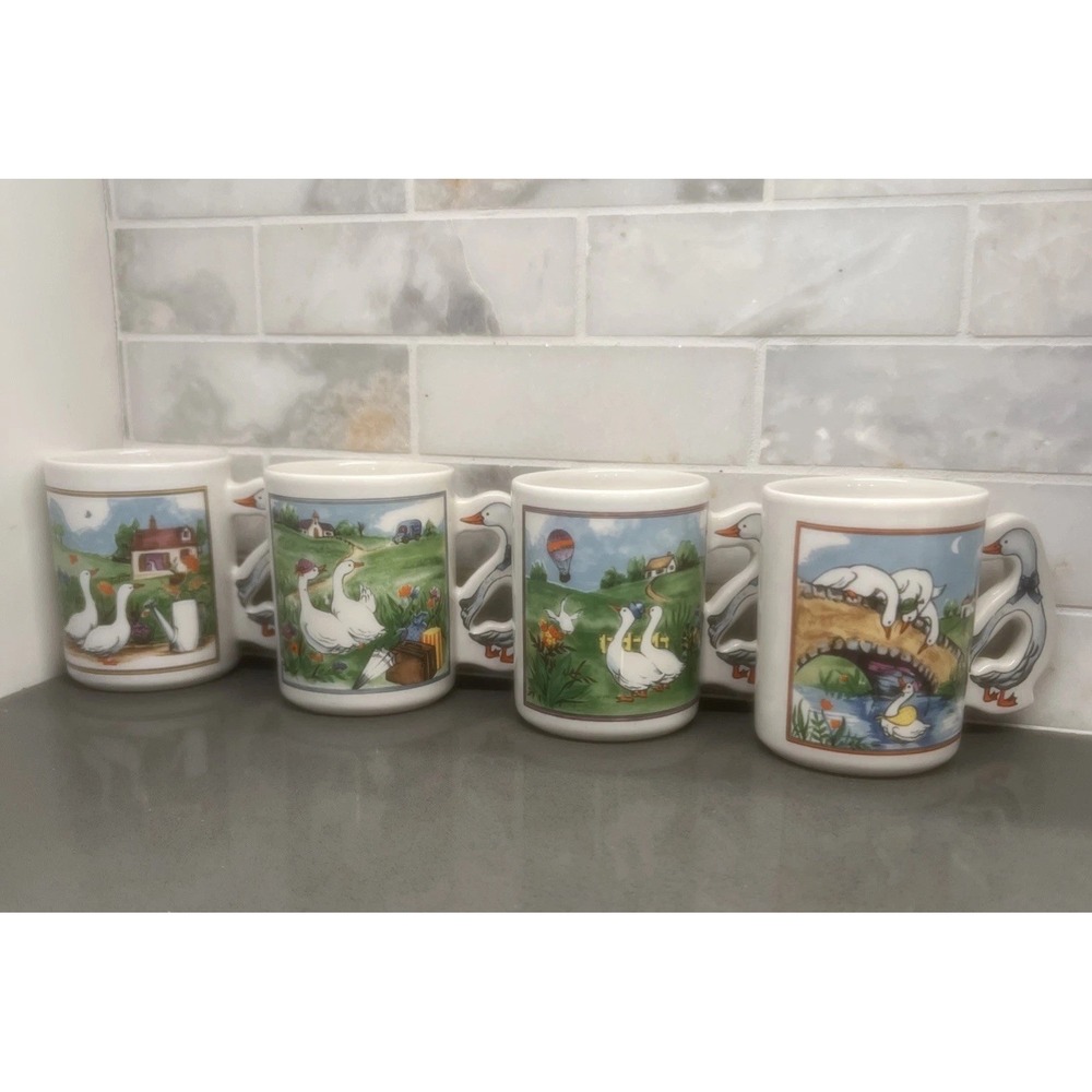 4-Vintage Geese Handle Scenic Cottagecore Countryside Farm Scenes Mug Set